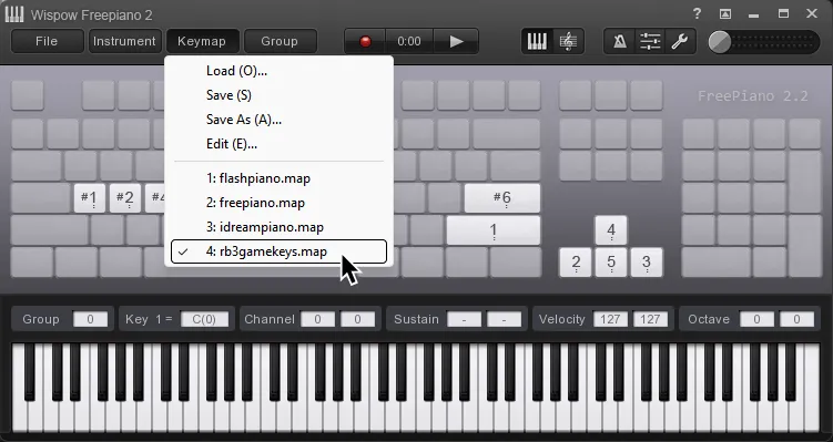 FreePiano with the rb3gamekeys.map profile selected.