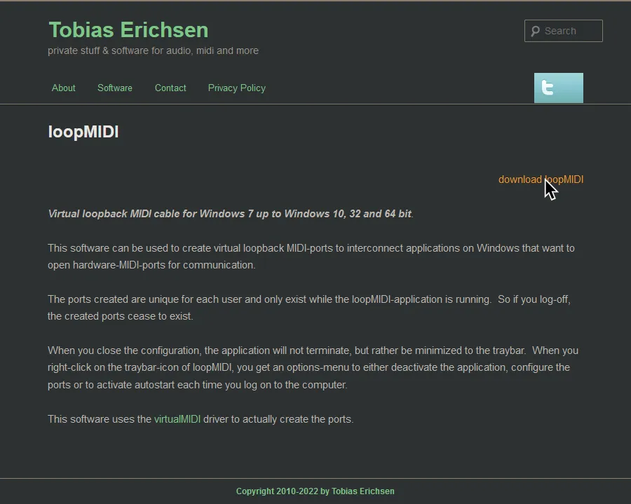 loopMIDI's download page. The cursor is over 'download loopMIDI.'