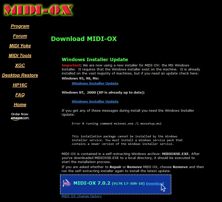 MIDI-OX's website with the proper download highlighted in blue with a dotted outline