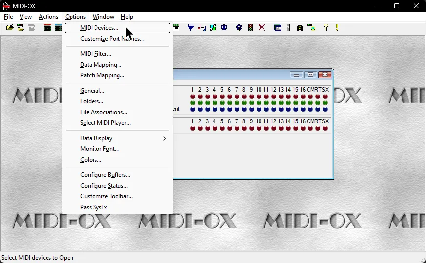 MIDI-OX with the mouse hovering over the MIDI Devices menu, under the Options menu.