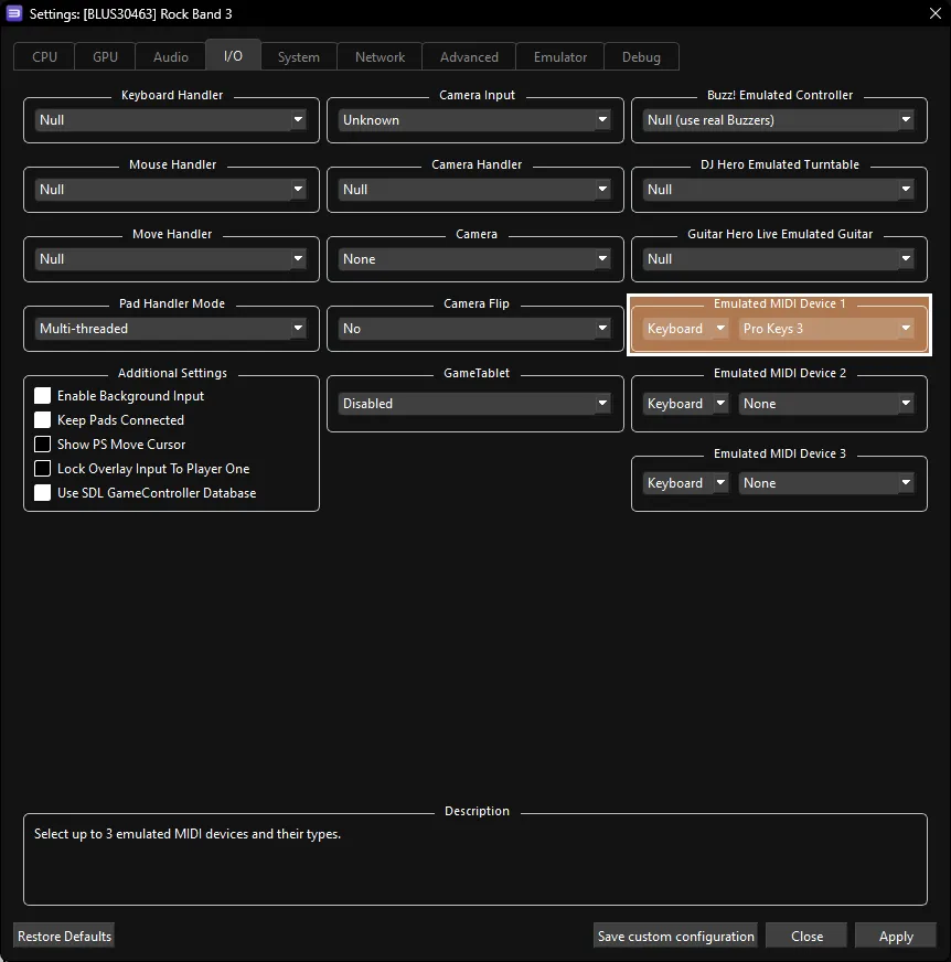 Rock Band 3's I/O custom settings showing Emulated MIDI Devices, device type, and device selection highlighted in tan with a solid outline. It is set to 'Keyboard - Pro Keys 3.'