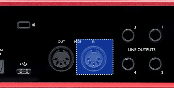 The back of a Focusrite Scarlett showing a USB port, and 5-DIN MIDI input and output.