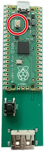 A Roll Limitless Mini adapter, showing the BOOTSEL button circled in red.