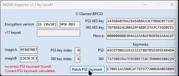 MOGG Inspector warning the user that an incorrect PS3 keymask was found in angry red letters. The cursor is over 'Patch PS3 keymask'.