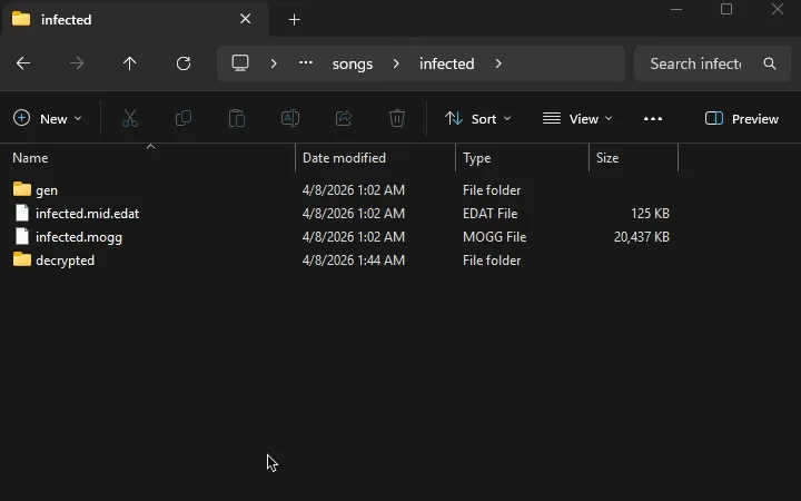 An animation of a .mogg file within the 'decrypted' folder being cut then pasted in the folder before it. It replaces the old .mogg file.