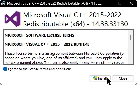 Microsoft Visual C++ 2019 Redistributable's installer prompting the user to accept the license terms and conditions and to install.