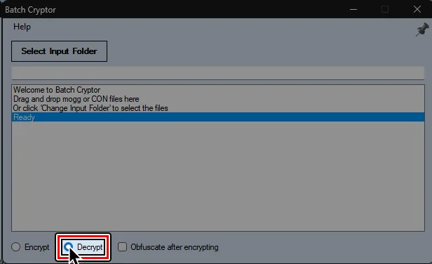 Batch Cryptor with the mode switched to 'Decrypt'.