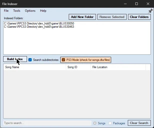 File Indexer with 'PS3 Mode (check for songs.dta files)' enabled and the cursor over 'Build Index'.