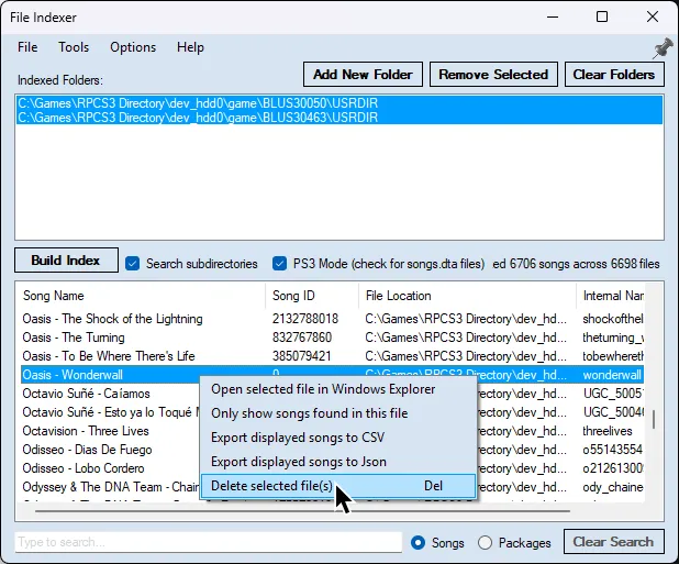 A song being right clicked on in the File Indexer. The cursor hovers over 'Delete selected file(s).'