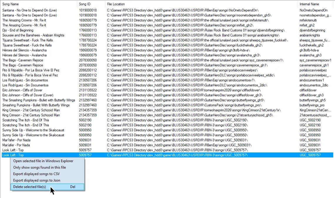 A duplicate of a song being right clicked in File Indexer. The cursor hovers over 'Delete selected file(s).'.