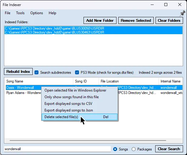 Searching for a song to delete in File Indexer. After right clicking the song, the cursor hovers over 'Delete selected file(s).'