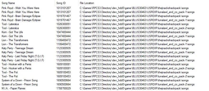 A list of songs in File Indexer. Each song is duplicated twice and since they are included in two packs.