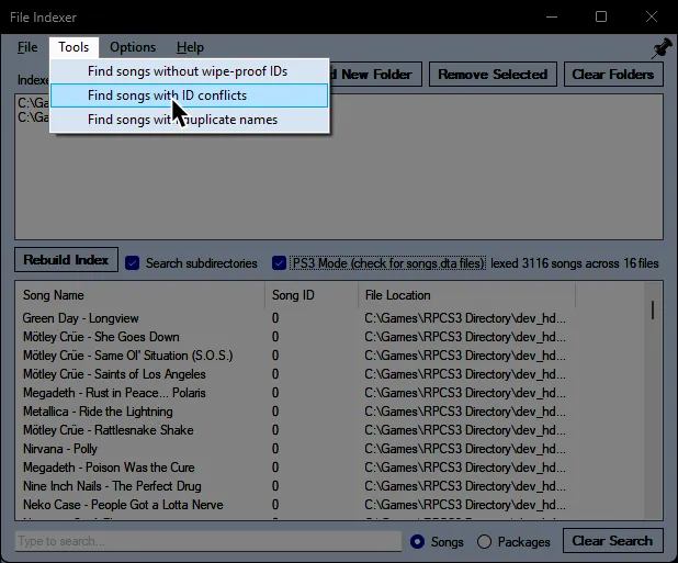 File Indexer with a 'Tools' dropdown menu activated. The cursor is hovering over 'Find songs with ID conflicts'.