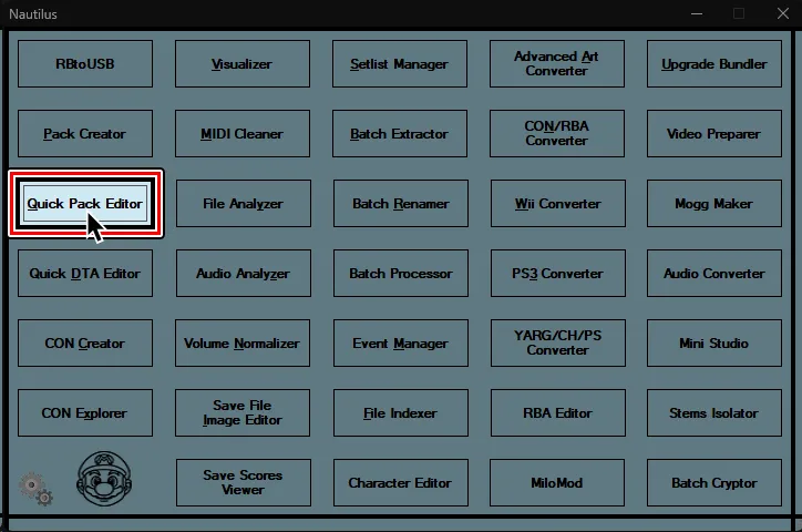 Nautilus' main screen. A cursor hovers over 'Quick Pack Editor'.