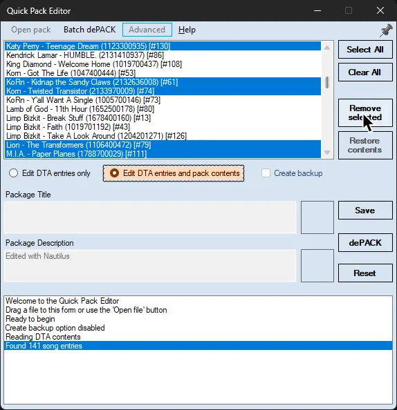 'Quick Pack Editor' showing some songs selected. A highlight is over 'Edit DTA entries and pack contents' and the cursor is over 'Remove selected'.