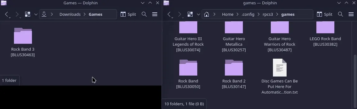 La carpeta de Rock Band 3 siendo arrastrada a la carpeta de 'games' de RPCS3.