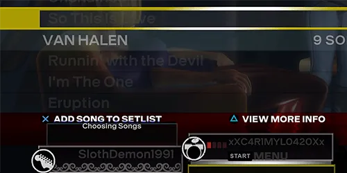 Rock Band 3 showing songs with a darker color as they are disabled.