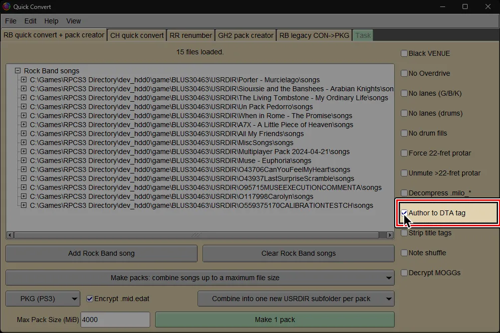 Onyx's Quick Convert screen. 'Author to DTA' is highlighted and has a cursor over it.