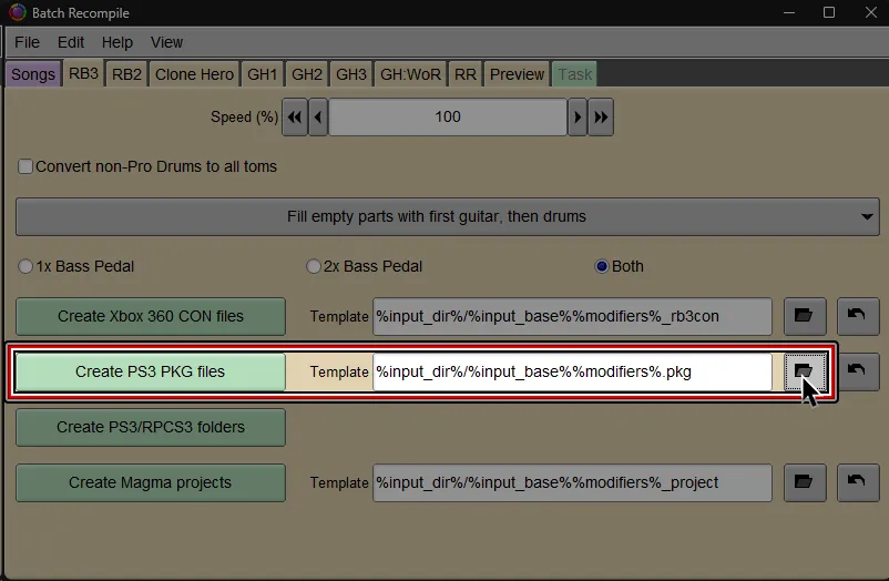 Onyx's Batch Recompile window. Under the 'RB3' tab, 'Create PS3 PKG files' is selected.