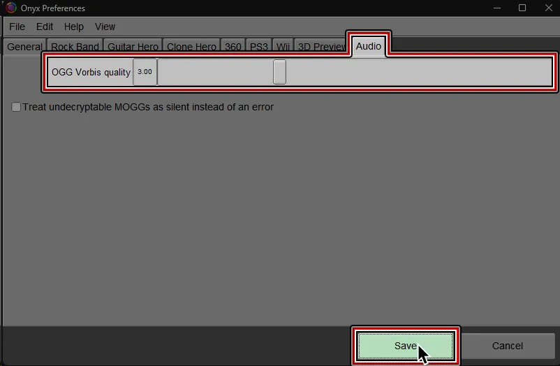Onyx's Preferences window. Under the 'Audio' tab, 'Magma optional' is selected.