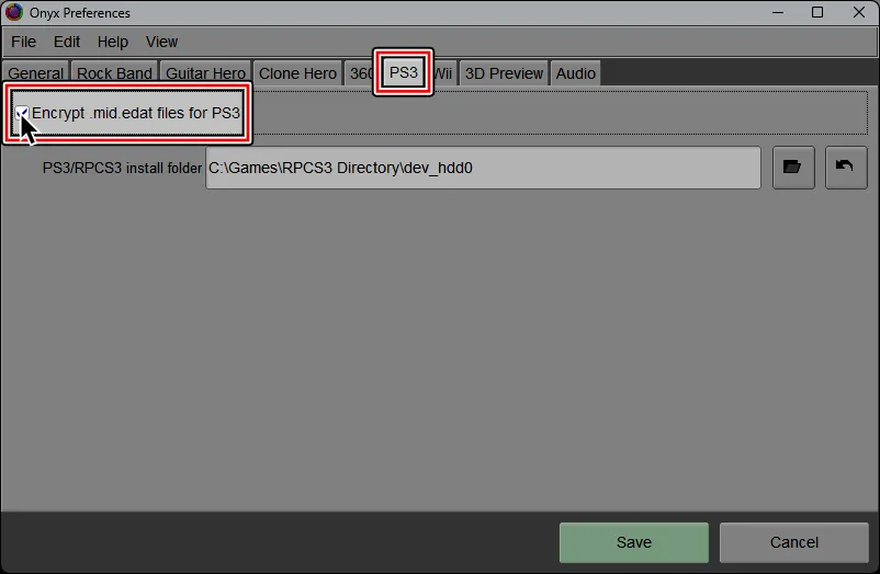 Onyx's Preferences window. Under the 'PS3' tab, 'Encrypt .mid.edat files for PS3' is hovered over.