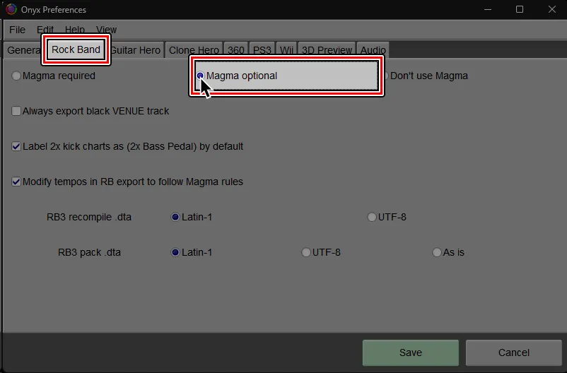 Onyx's Preferences window. Under the 'Rock Band' tab, 'Magma optional' is selected.