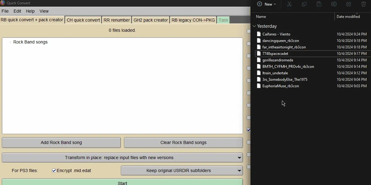 Customs in CON format being dragged and dropped into the 'RB quick convert + pack creator' tab of Onyx.