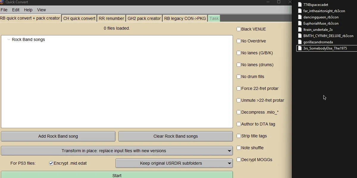Customs in CON format being dragged and dropped into the 'RB quick convert + pack creator' tab of Onyx.