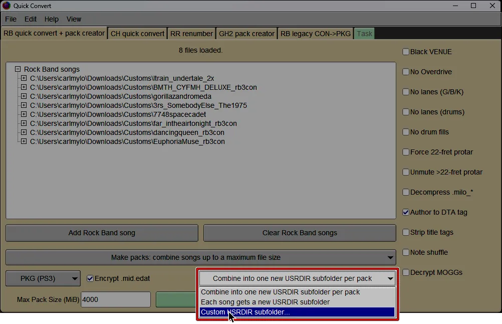 Onyx's Quick Convert screen. The cursor is selecting 'Custom USRDIR subfolder' where 'Keep original USRDIR subfolders' once was.