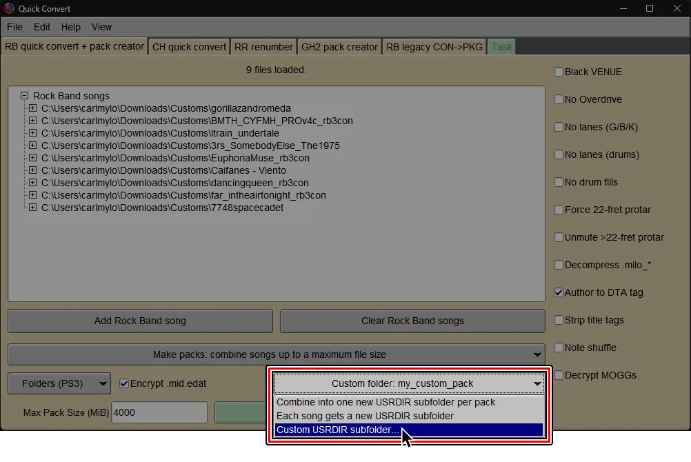 Onyx's Quick Convert screen. The cursor is selecting 'Custom USRDIR subfolder' where 'Keep original USRDIR subfolders' once was.