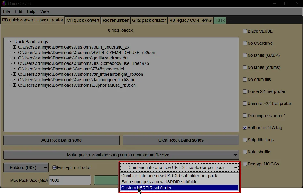 Onyx's Quick Convert screen. The cursor is selecting 'Custom USRDIR subfolder' where 'Keep original USRDIR subfolders' once was.