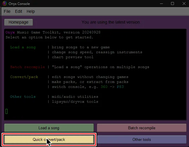 Onyx's main screen. A cursor hovers over 'Quick convert/pack'.