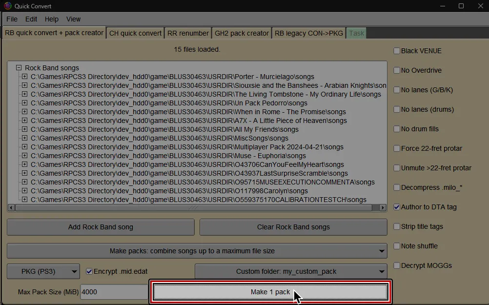 Onyx's Quick Convert screen. The cursor is over 'Make 1 pack'.