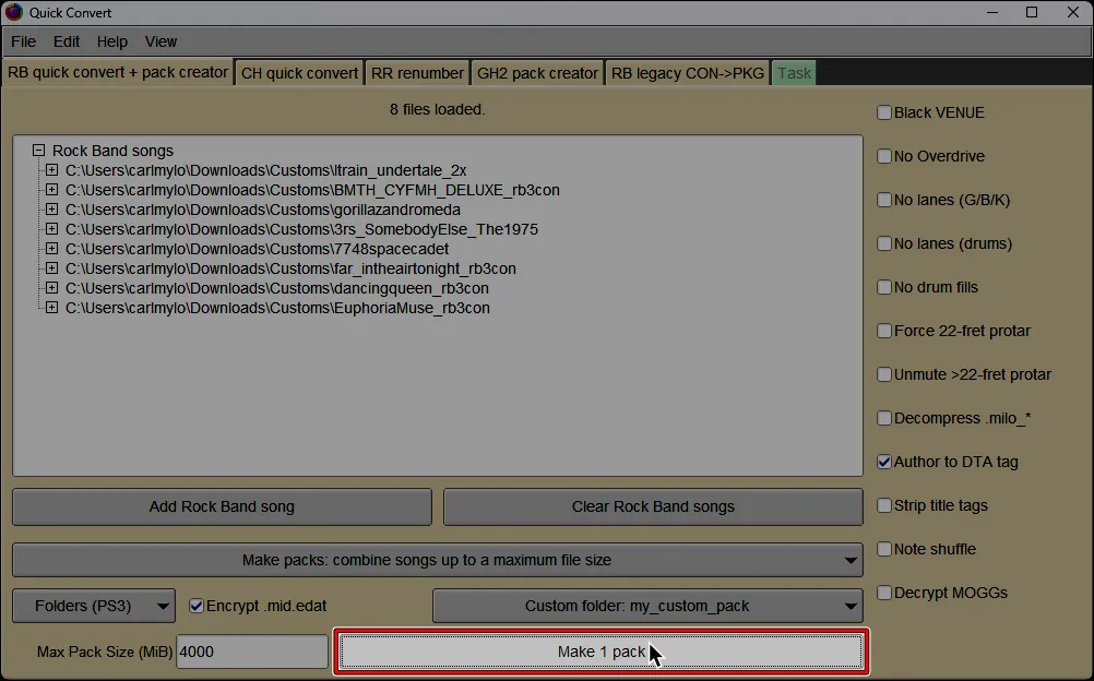 Onyx's Quick Convert screen. The cursor is over 'Make 1 pack.'