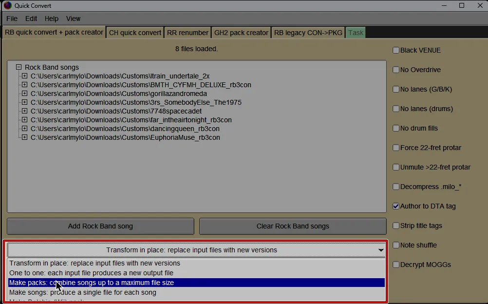 Onyx's Quick Convert screen. 'Make songs: produced a single file for each song' has been clicked and the cursor is over 'Make packs: combine songs up to a maximum file size'.