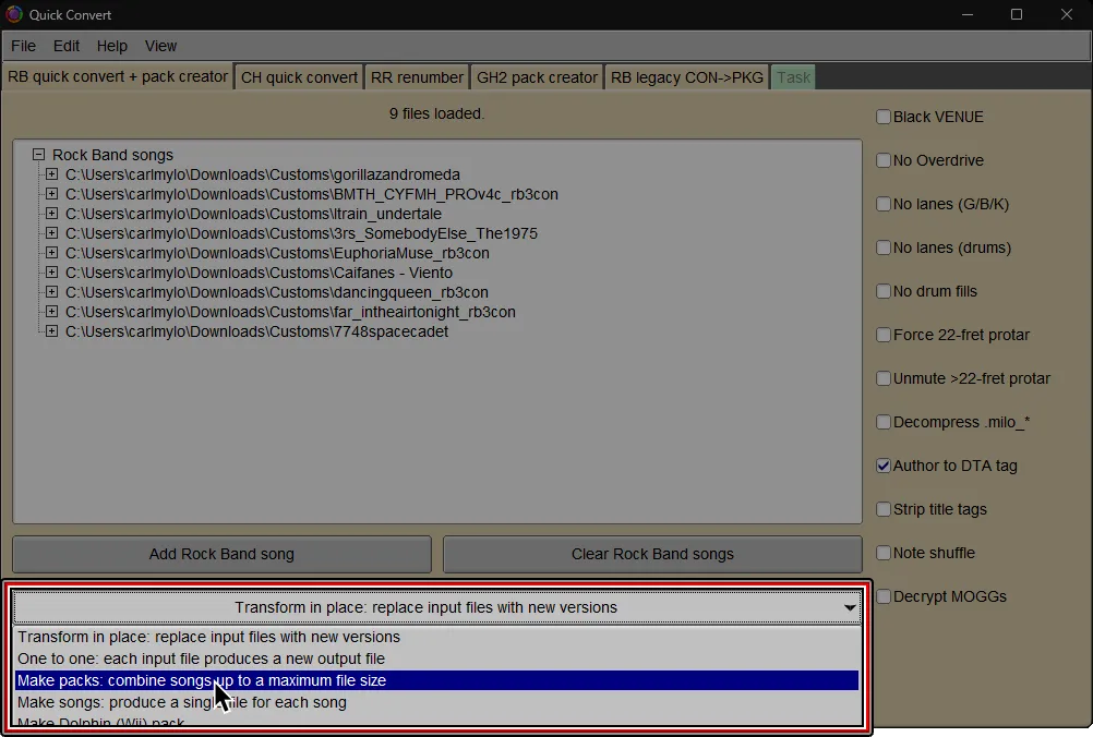 Onyx's Quick Convert screen. 'Make songs: produced a single file for each song' has been clicked and the cursor is over 'Make packs: combine songs up to a maximum file size'.