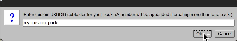 Onyx's USRDIR naming popup. The pack has been named 'my_custom_pack'.