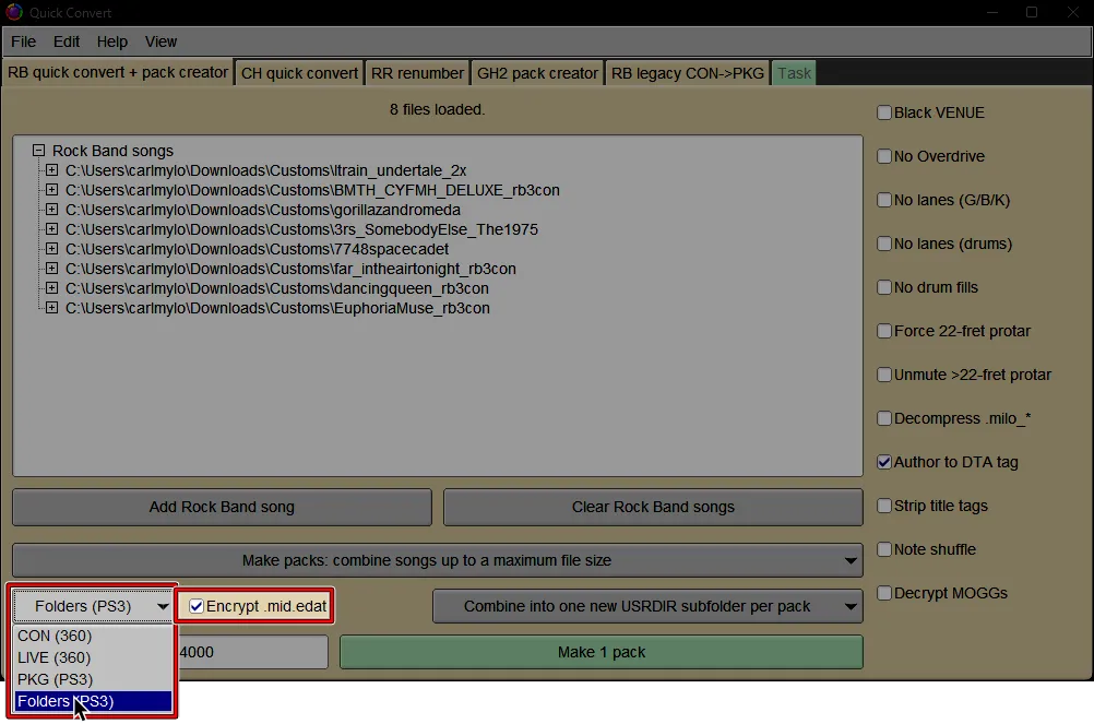 Onyx's Quick Convert screen. The cursor is selecting 'Folders (PS3)' and 'Encrypted .mid.edat' has been enabled.