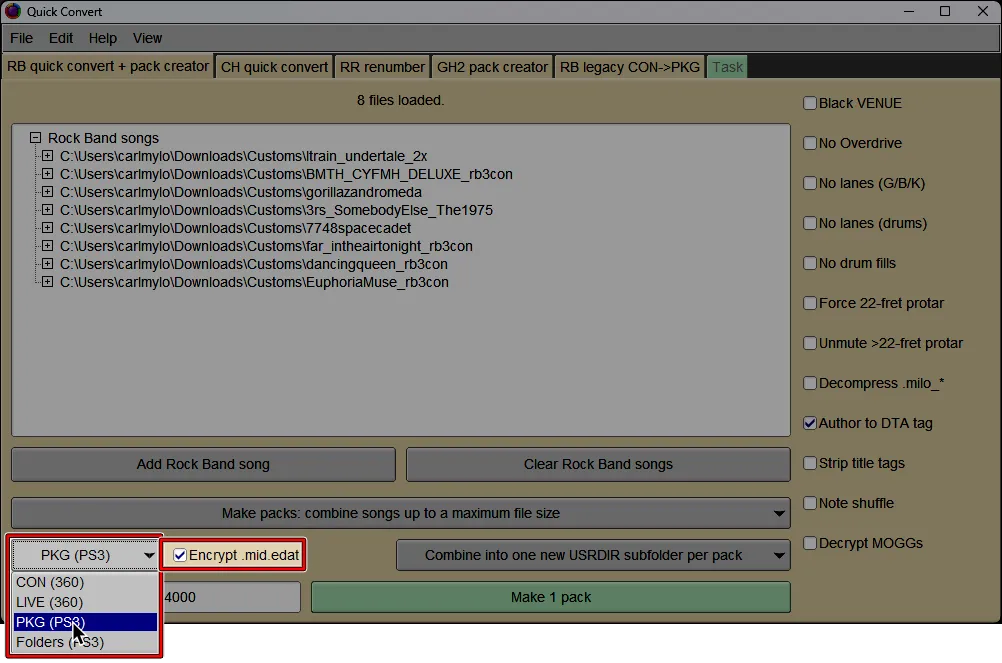 Onyx's Quick Convert screen. The cursor is selecting 'PS3 (PS3)' and 'Encrypted .mid.edat' has been enabled.
