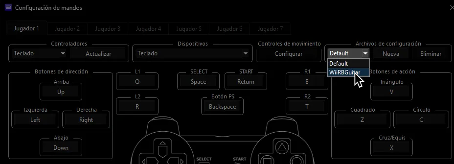 Gamepad Settings dentro de RPCS3 con el cursor sobre un perfil.