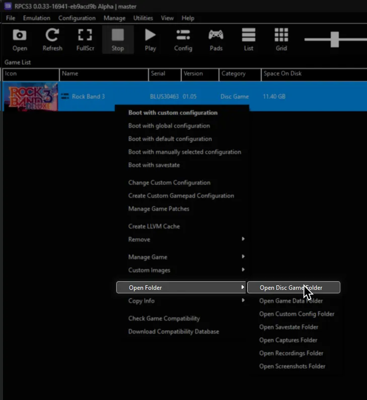 RPCS3 with Open Disc Game Folder, within the Open Folder menu, highlighted and with a cursor over it.