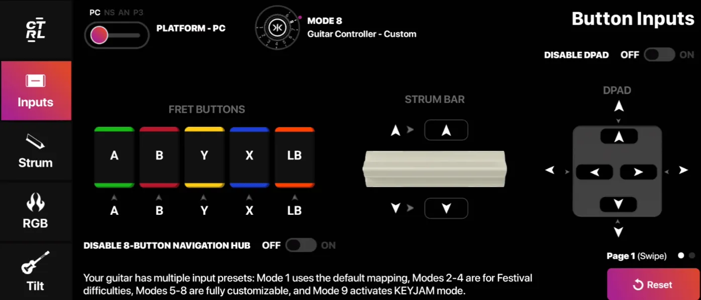 The first page of the CRKD CTRL application. The guitar is configured for PC and it's set to Mode 8.