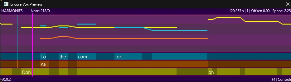 Encore Vox Preview showing three vocal parts. They each have different lyrics and are separated by color.