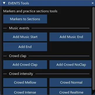 EVENTS Tools, showing utilites to send markers to sections, add music start and end events, and various crowd events.
