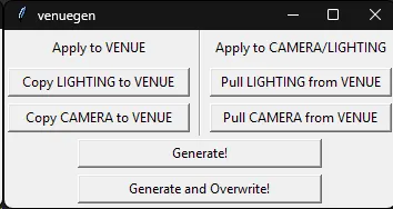 VenueGen showing options to apply or pull lighting and camera from VENUE. There's also bottones to generate and generate and overwrite.
