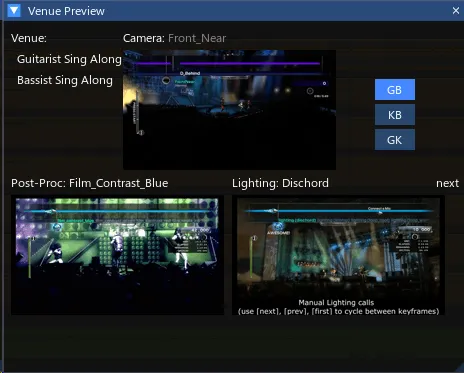 Venue Preview showing the current camera, current post-proc effect, and lighting.