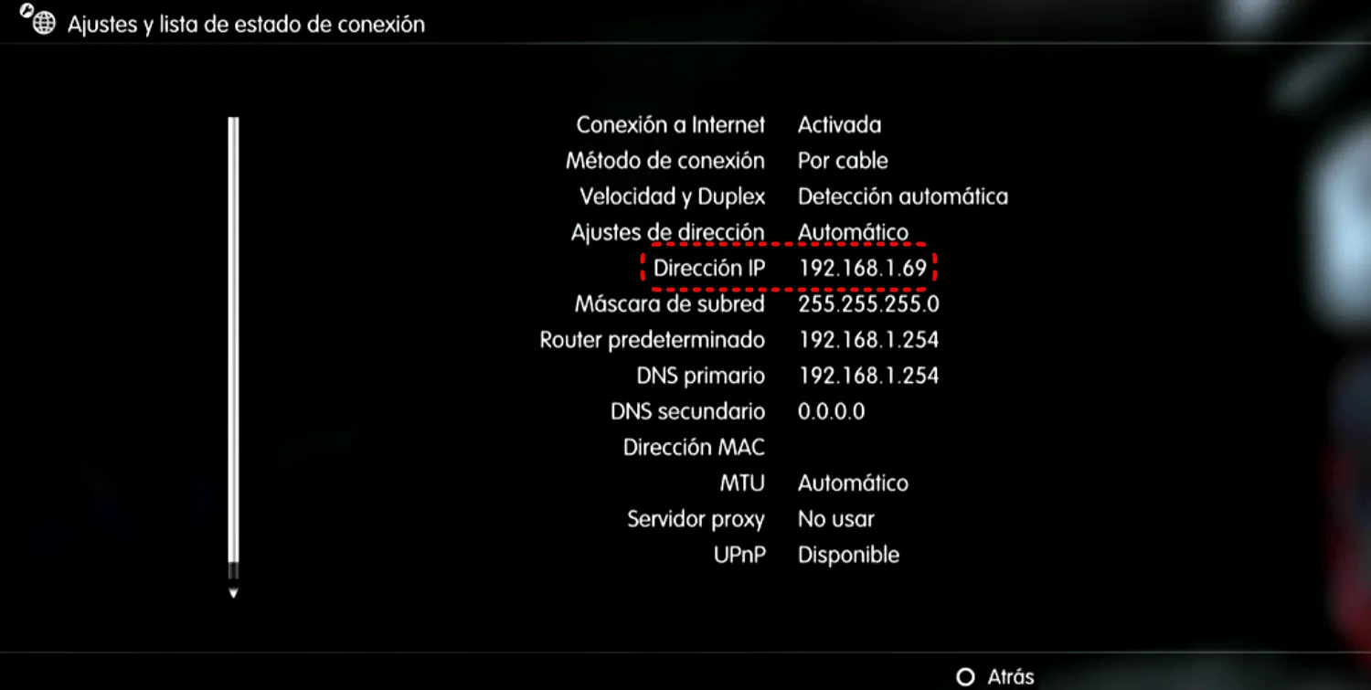 La pagina de 'Ajustes y lista de estado de conexión' mostrando informacion de la red.
