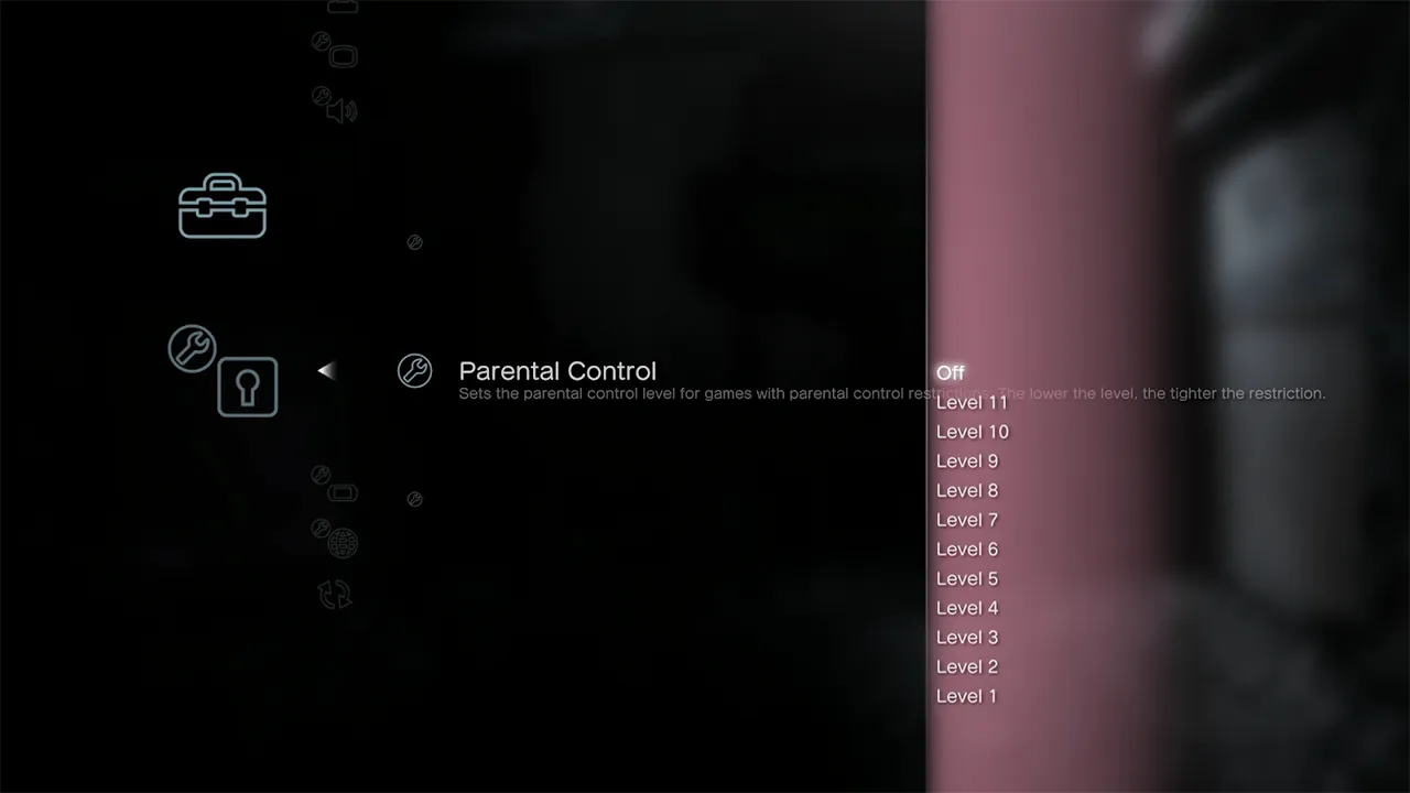 The parental control menu in PlayStation 3's XMB home menu. The level is set to 'Off'.