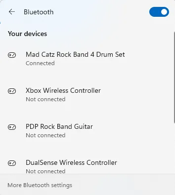 Windows' Bluetooth devices showing a Mad Catz Rock Band 4 Drum Set.