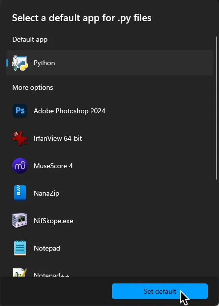 Windows' default application selection. Python is selected and the cursor is over 'Set Default'.